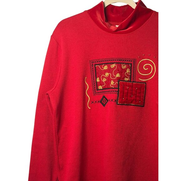 VTG Bobbie Brooks Red Long Sleeve Top Velvet Trim & Embroidered Details Womens L - Picture 3 of 7